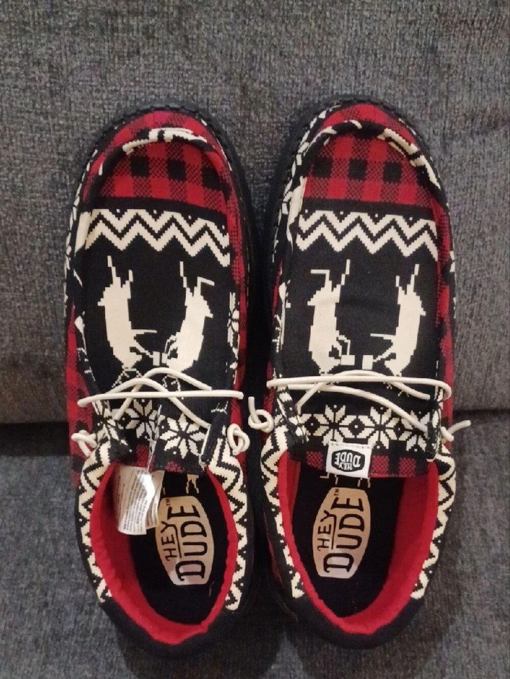Hey Dude Men's Red, Black & White Patterned Boat Shoes